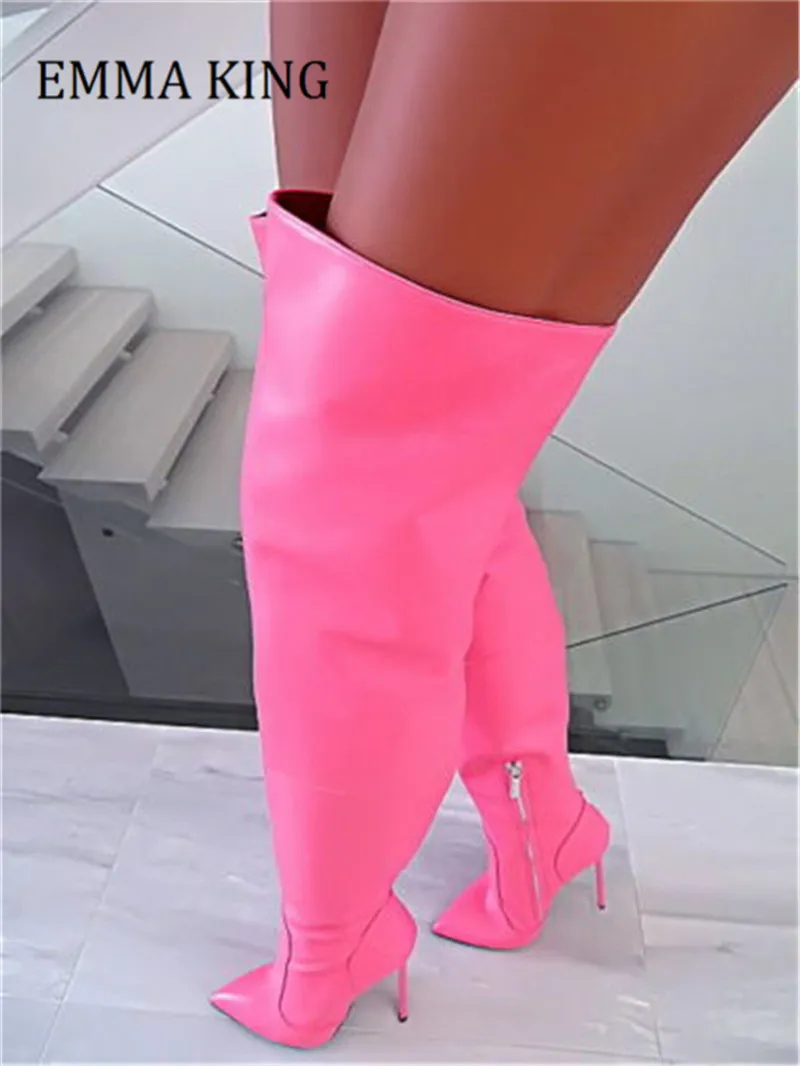 المرأة الوردي اللون الإفراط في الركبة الأحذية أشار تو كعب ستيليتو الفخذ عالية التمهيد موضة المنصة أحذية نسائية حجم كبير