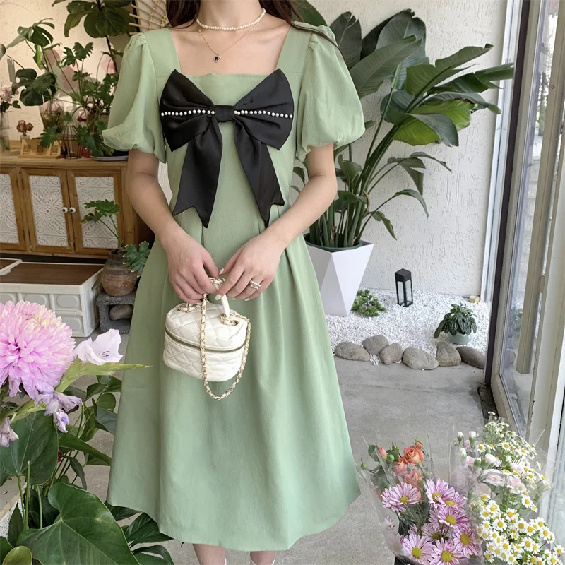 Grüne Mutterschaft Sommer Kleidung Mode Plus Größe Schwangere Frau Langes Kleid Puff Sleeve Rüschen Patchwork Bowknot Schwangerschaft Kleid