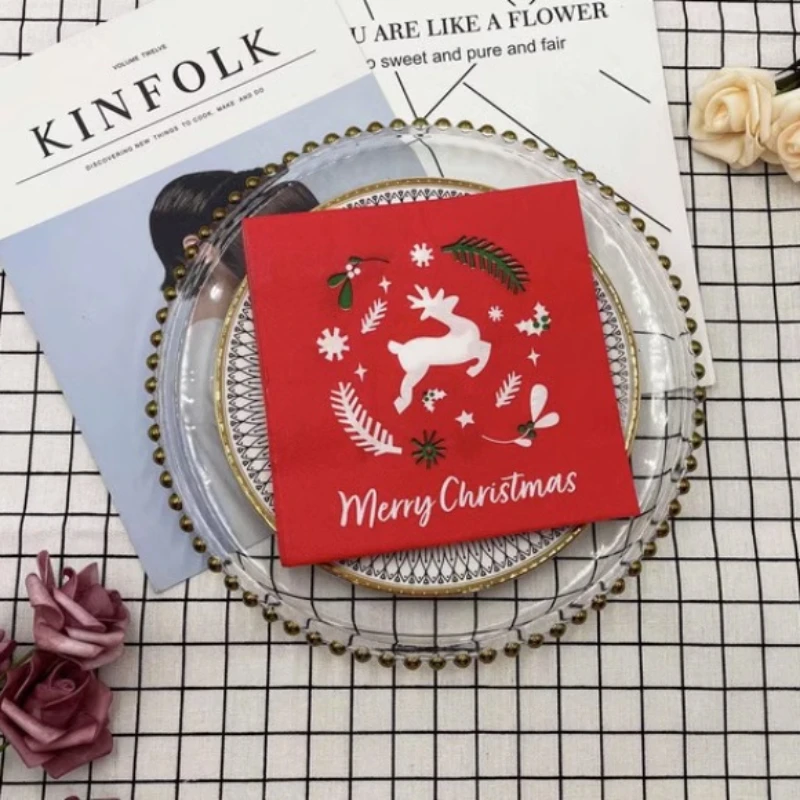 20 قطعة 33 سنتيمتر 2-Layer حفلة عيد الميلاد الأحمر الأزهار طباعة المناديل ، الأيائل تحت عنوان مفارش المائدة ، DIY Decoupage ورقة