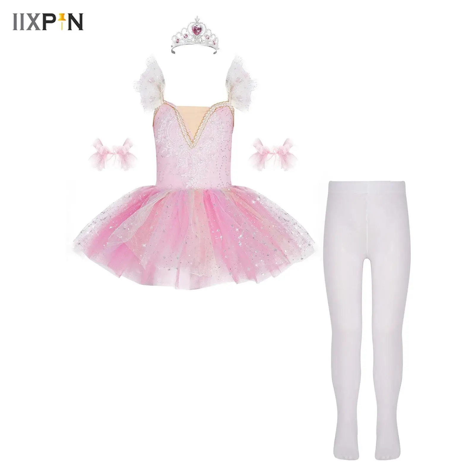

4Pcs Girls Ballet Dance Dress Spaghetti Straps Ruffled Sleeves Applique Bodice Sequins Layered Tulle Tutu Dress+Cuffs+Pantyhose