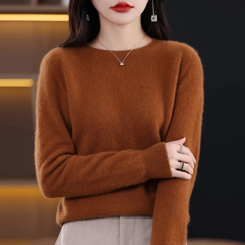 Wool Cashmere Sweater Women\'s O-Neck First Line Garment Pullover Spring/Autumn Loose Warm Knit Long Sleeve Solid Color Basic Top