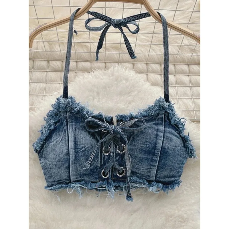 OIINAA Bathing Suit Women Sexy Denim Suits Bikini Set Lace Up Drawstring Beachwear 2025 Solid Summer Vintage Two-pieces Swimwear - Image 3