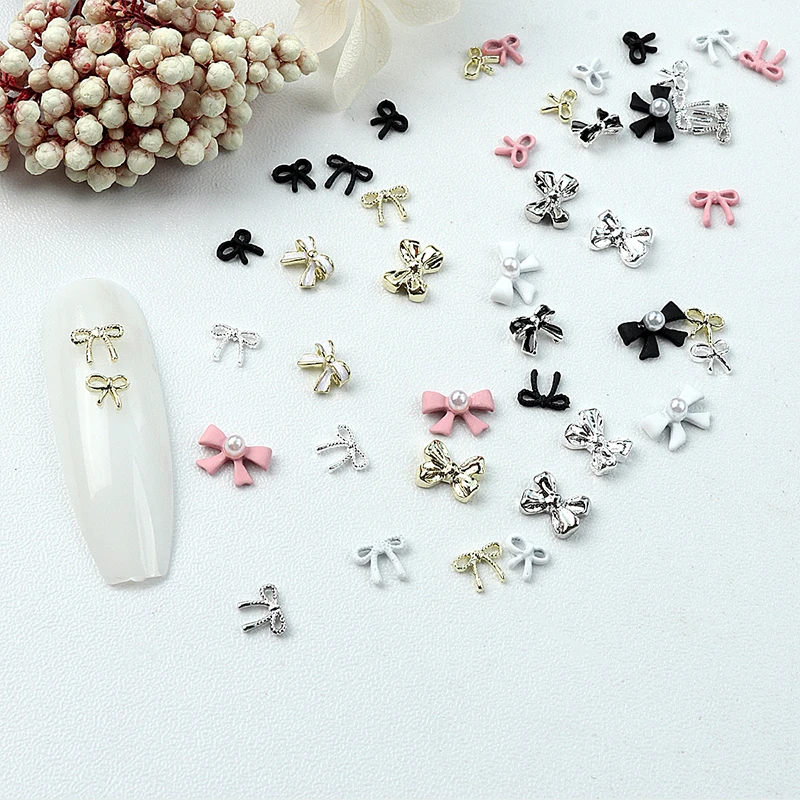 20-40PCS Mini Ribbon Bow Pearl Inlay Various Colors Simple Alloy Nail Art Rhinestones Decorations Manicure Parts Supplies Charms