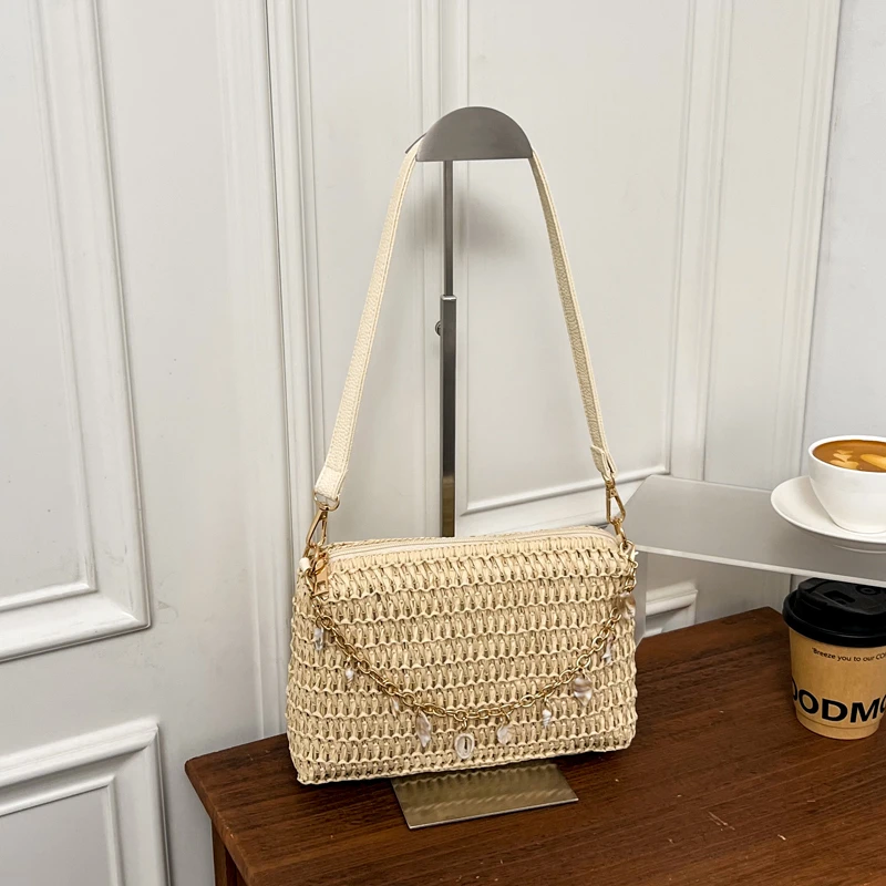 2026 Summer Women Straw Shoulder Bag with Shell Chain Decoration Casual Woven Underarm Bag Beach Vacation Handbag