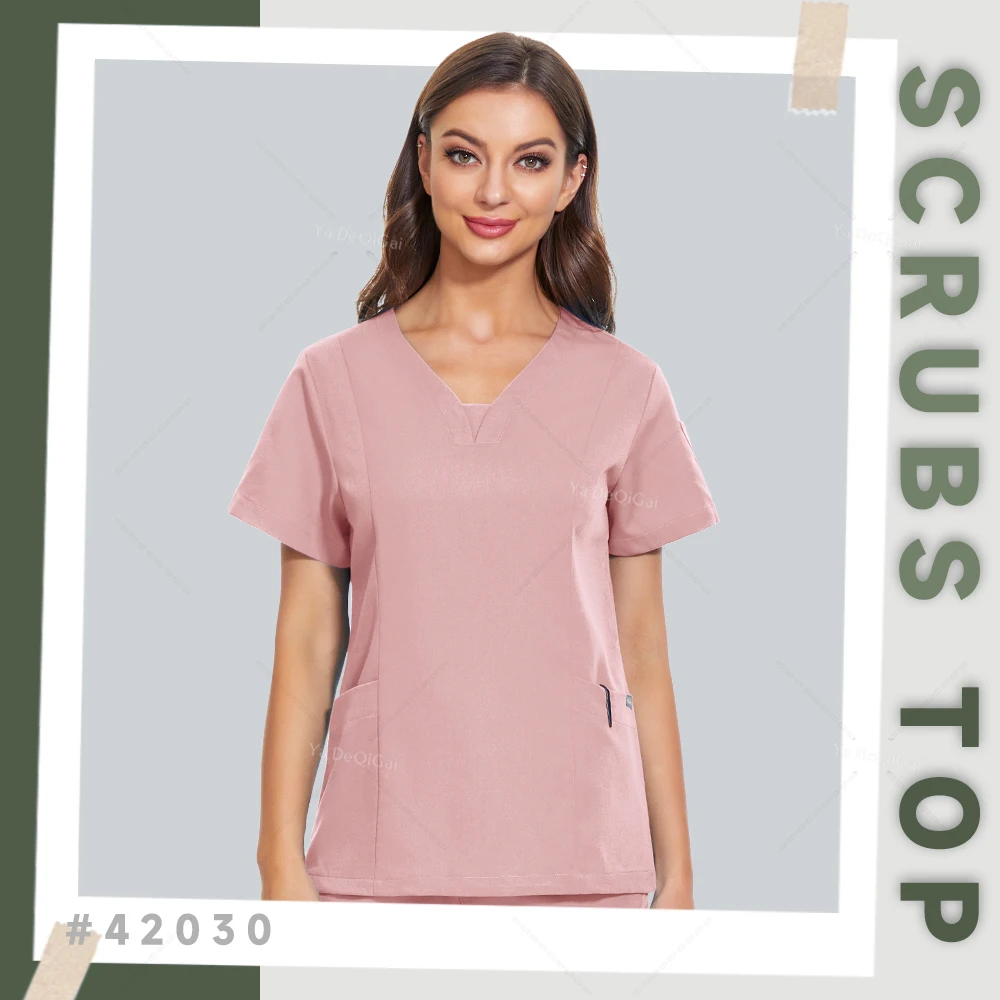 Short Sleeve V-neck Workwear Medical Nurse Uniforms Women Scrubs Tops Dental Dentist Pocket Blouse Clinical Care Workers T-Shirt