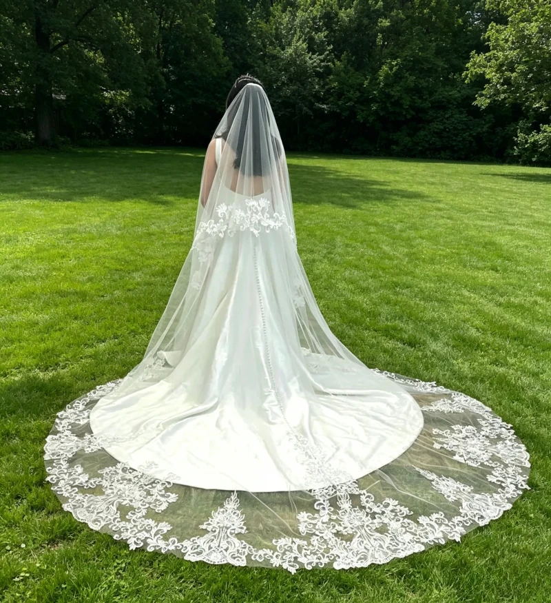 Handmade Lace Applique Cathedral Wedding Veil with Blusher Full Lace Veil Bridal Veil Wedding Accessories Custom Length