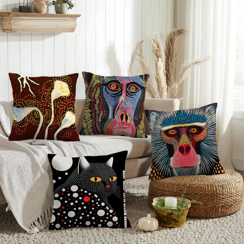 Boho Dot Wild Animal Cushion Case Set, Color Dots Monkey Cat Ginkgo Pattern Square Decorative Pillow Cover for Bedroom Apartment