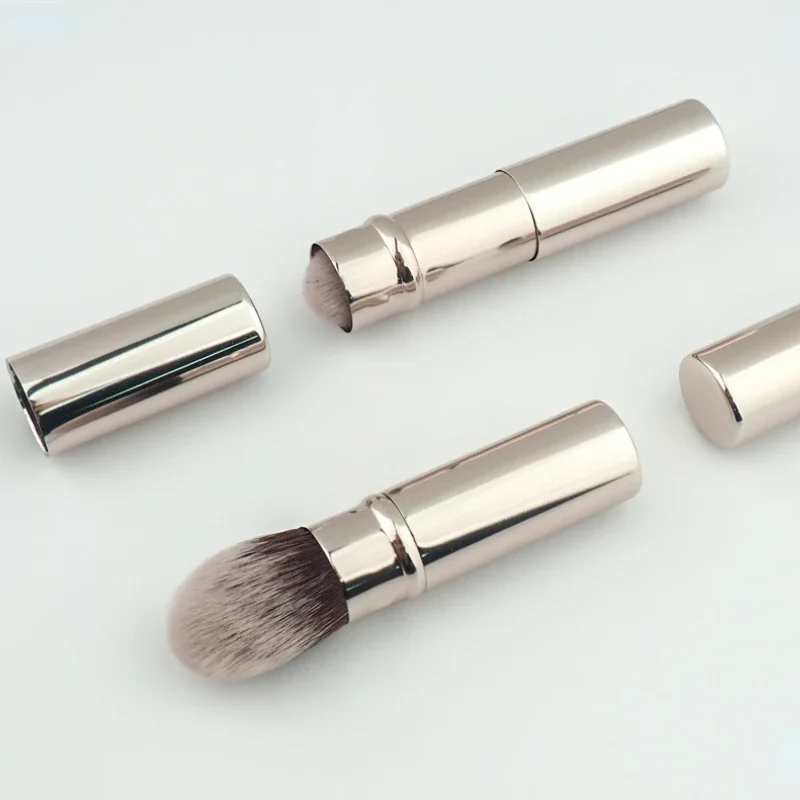 1pcs Small Retractable Cosmetic Brush Mini Portable Face Powder Powder Blusher Highlight Brush Fiber Hair Metal Handle Brush