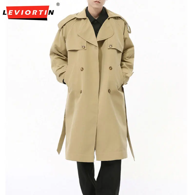 LEVIORTIN Fashion Autumn Men's Trench Casual Double Breasted Patchwork Overcoats Solid Color Belt Loose Male Windbreakers 2024