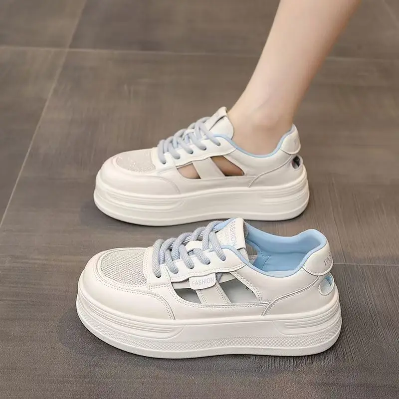 

Women's Summer Mesh Hollow Out Casual Sports Shoes Thick Sole Non Slip Breathable Lace Up Casual Board Shoes Little White Shoes