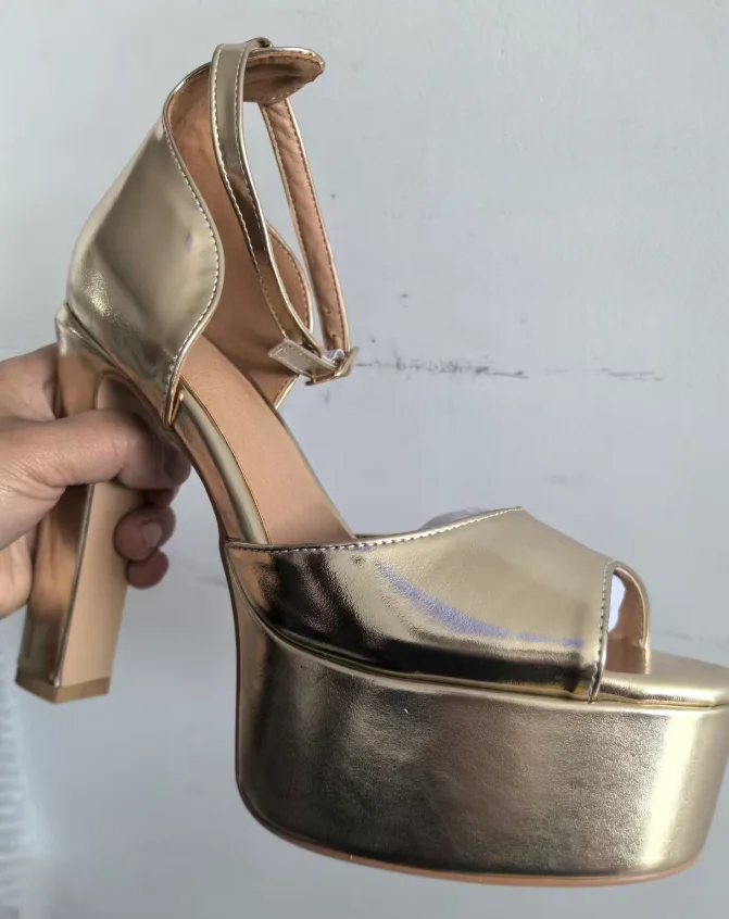 Gold White Size34-43 Sandals Women's Thick Heel Square Head Buckle Waterproof Table Open Toe Hollow Word with High Heel Sandals image 5