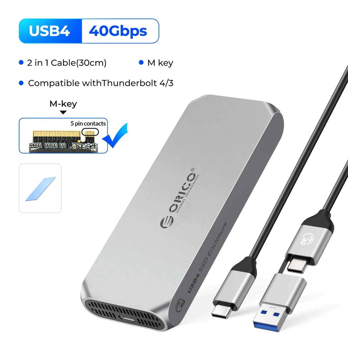 ORICO USB4 40Gbps M.2 NVMe SSD-behuizing M.2 naar USB4.0 SSD-behuizing Compatibel met Thunderbolt 3/4 met M.2 NVME PCIe aluminium behuizing