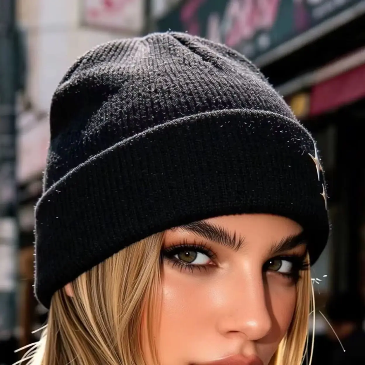Women Autumn Winter Large Brim Knit Hat, 4-Point Star Bow Knot Head Cover Cap, Versatile Headwear for Travel Street Daily Wear
