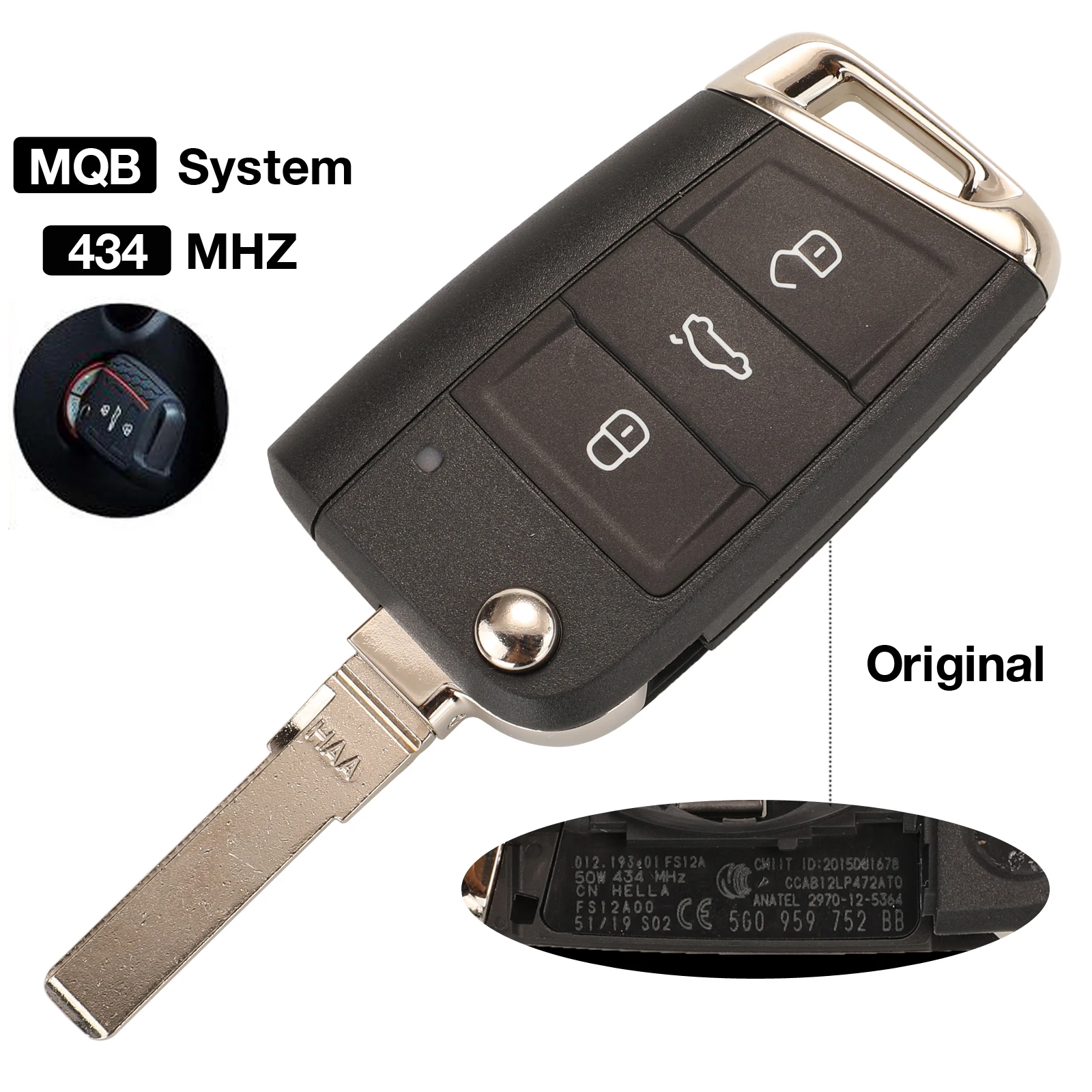 jingyuqin Original 5G0959752BB Flip Remote Key 434MHz MQB For VW Golf MK7 Jetta Skoda Octavia Superb Touran Tiguan No Keyless Go