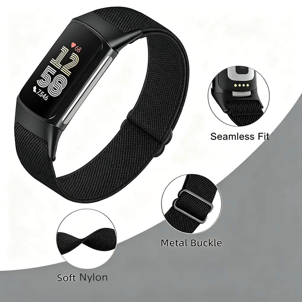 Nylon Elastic Wristbands for Fitbit Charge 6/Charge 5 Stretchy Sport Loop Replacement for Charge 6/5 Tracker Accessory Women Men