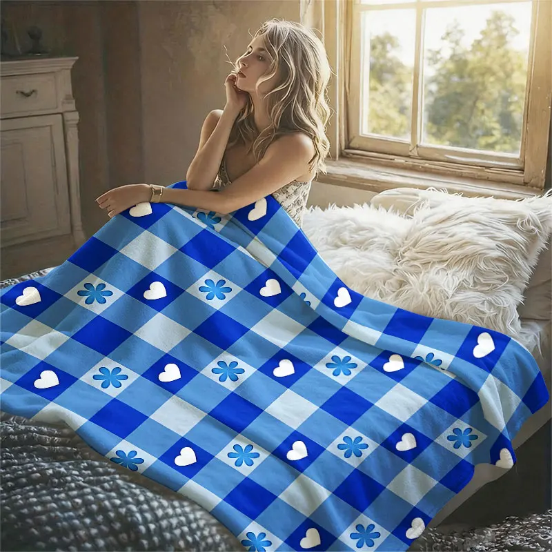 Gingham Hearts Flowers Blue Flannel Blanket Perfect for Sofa Office Bed Travel Sleep Read Relax Camping Four Season Use