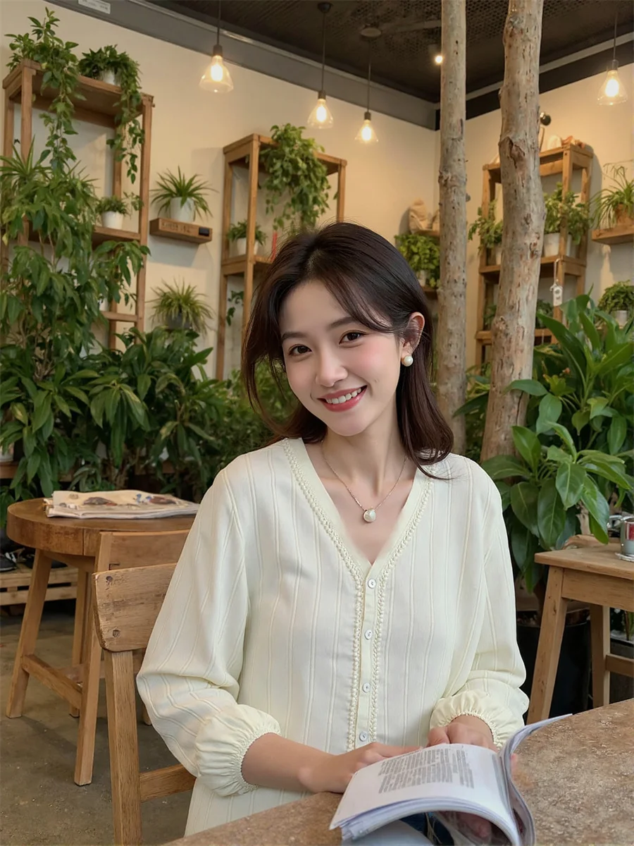 

Женские элегантные рубашки с длинным рукавом-фонариком, жемчугом и бисером, с половиной пуговиц, с дизайном спереди, повседневные, простые, базовые, минималистичные, модные женские