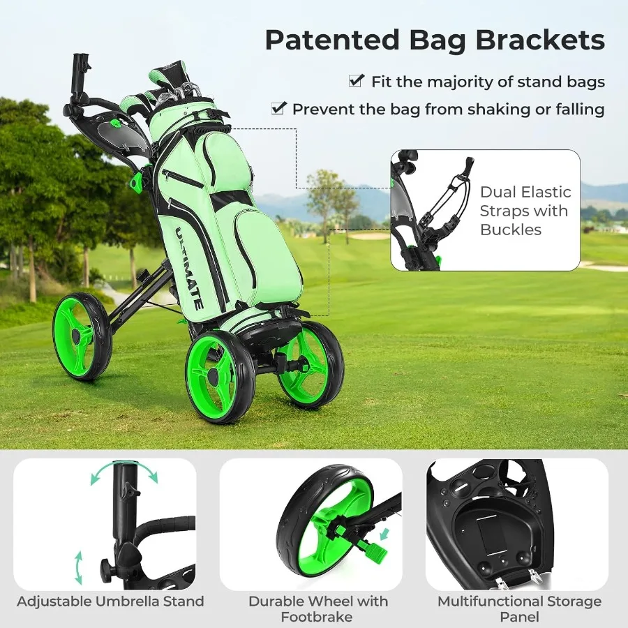 عربة دفع جولف قابلة للطي ذات 4 عجلات لسهولة المشي على الدورات تتميز بأشرطة مرنة ومظلة وحامل أكواب وتخزين لوحة النتائج L