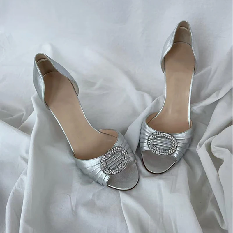 Vintage Open Toe Crystal Buckled Sandals Women's Wedding Elegant Sliver High Heels Luxury Designer Party Shoes image 4