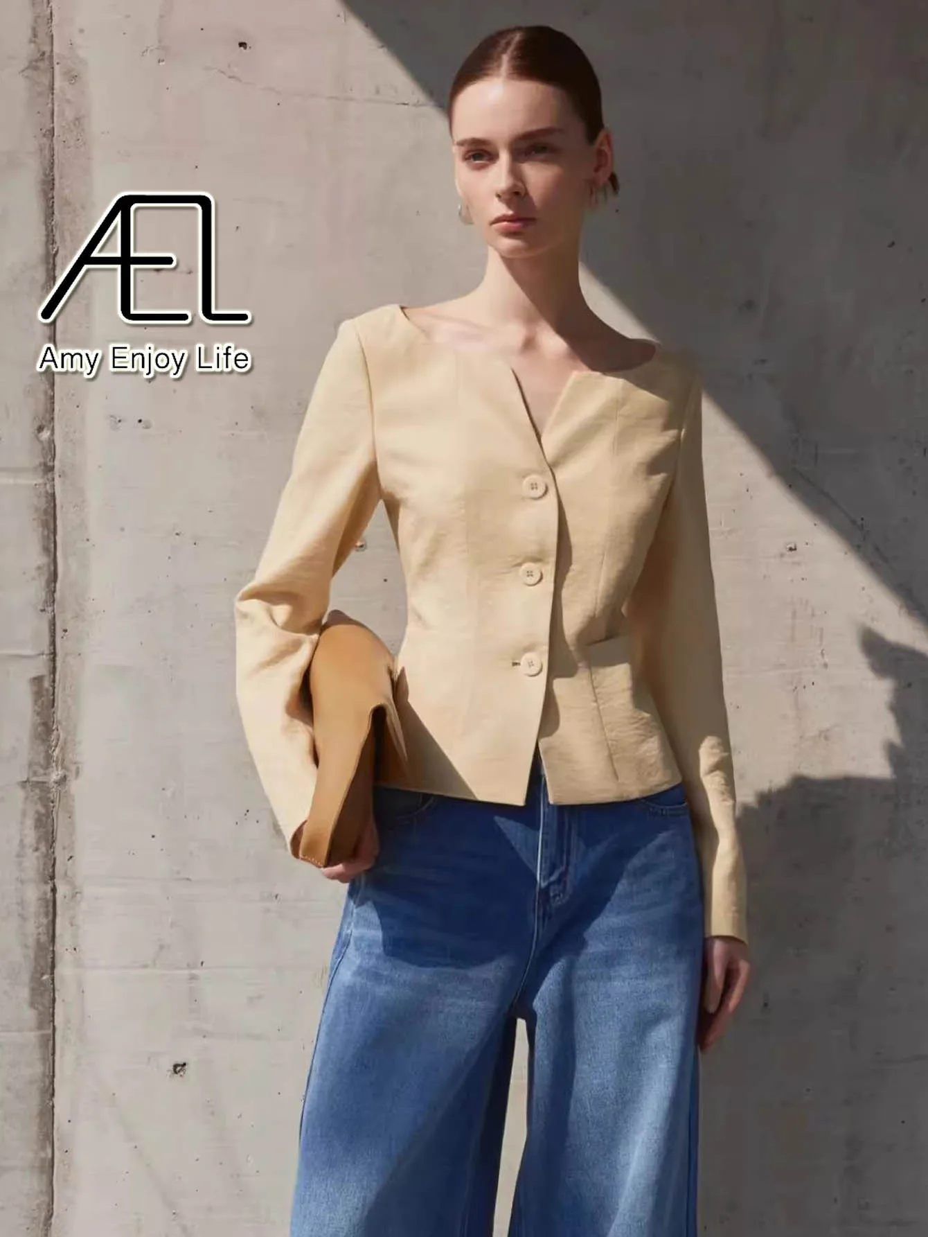 AEL 봄 가을 여성 슬림 우아한 짧은 코트 포켓 싱글 브레스트 자켓 여성용 Outwear