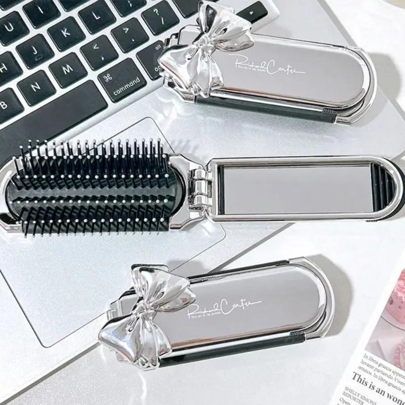 Mini Bow Folding Air Cushion Combs with Mirror Portable Integrated Compact Scalp Massage 2 in 1 Hair Brush for Women Children