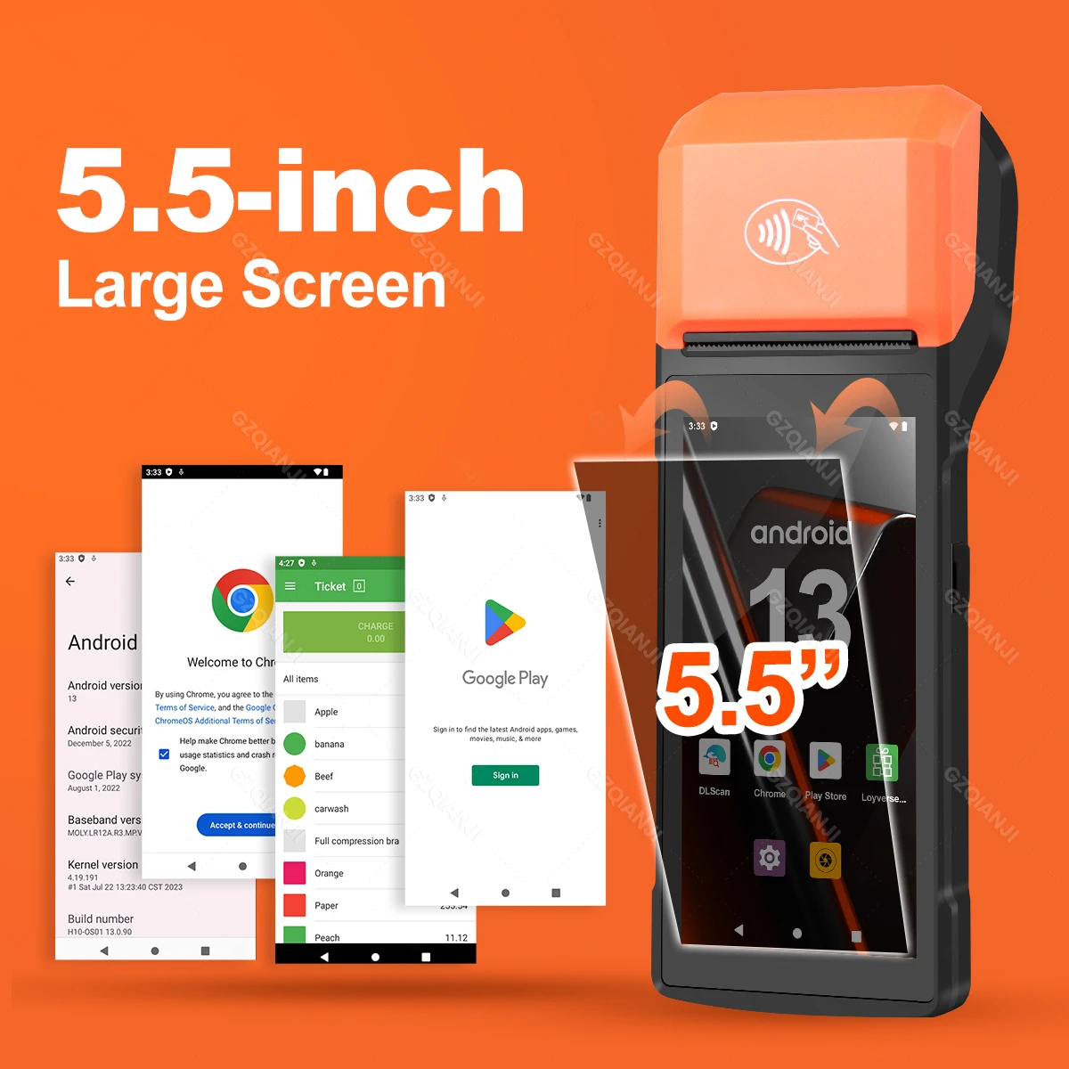 Android 13 5.5 Inch 2D QR Barcode Scanner POS PDA Terminal Handheld Bar code Reader with Thermal Printer All in One for Business