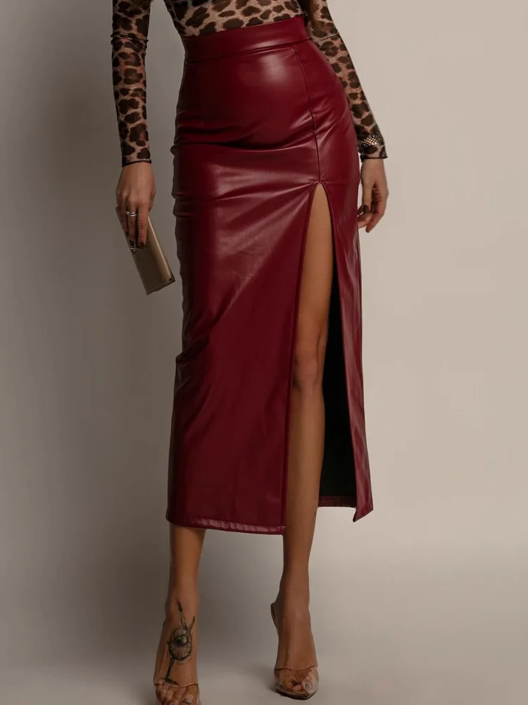 

New In 2026 Women's Summer Solid High-waisted Pu Leather Slit Skirt Fashion Slim-fit Bodycon Skirt