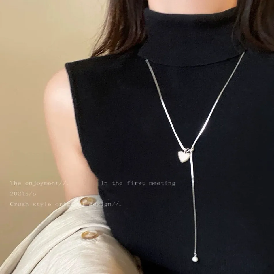 Titanium Steel Simple Heart Round Ball Tassel Long Drawstring Necklace Women's Sweater Chain