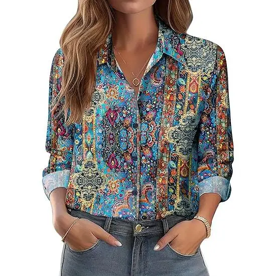 Ele dameskraag met print, lang Sve irt, slim fit, polyester spandex, mengsel, bestand tegen vervorming, lente 2025,