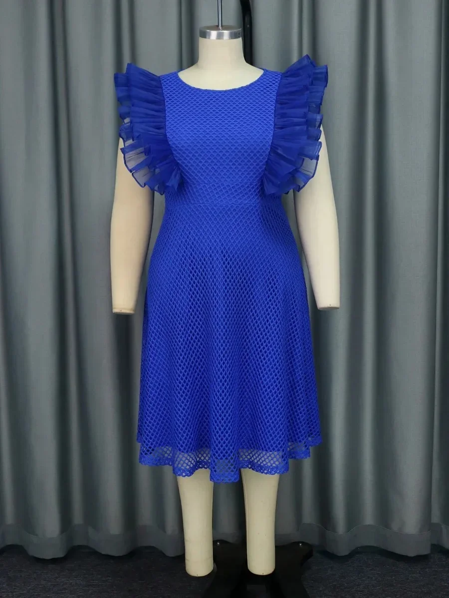 Vestidos de fiesta transparentes azules para mujer, cuello redondo, volantes, cintura alta, red de pescado, línea A, cóctel, noche de cumpleaños, vestido Midi 2024