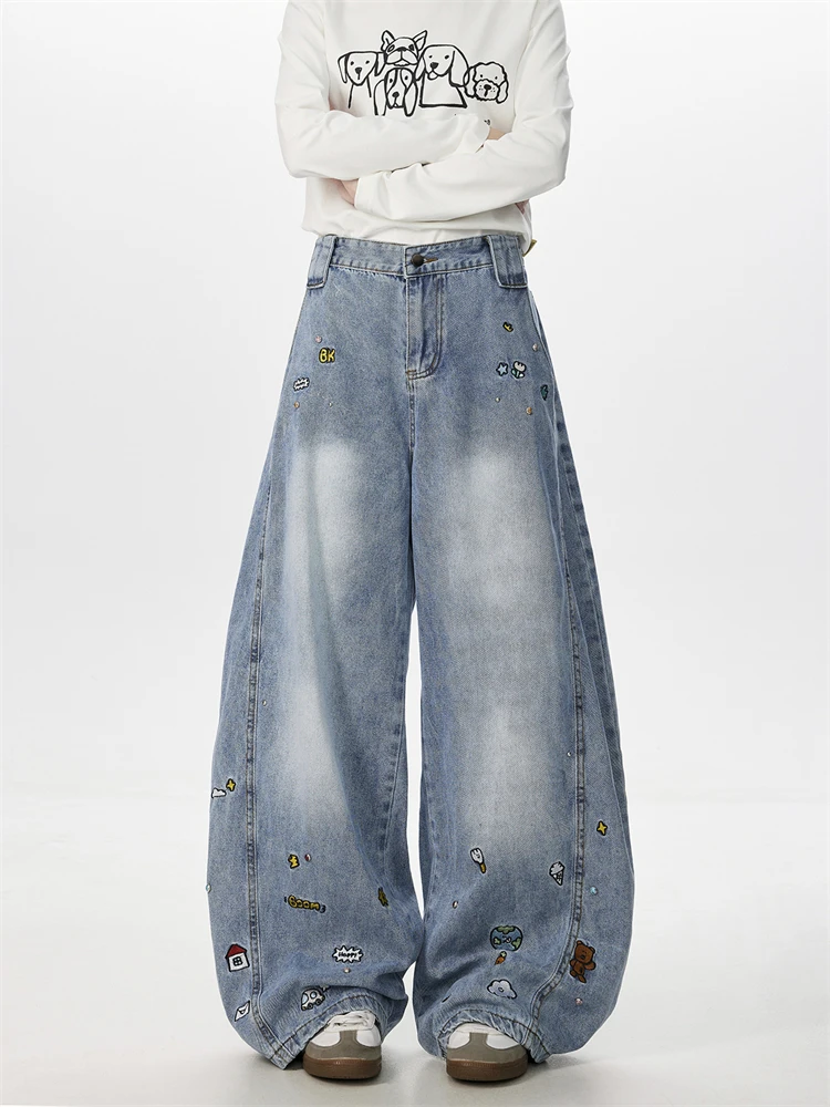 

Женские изогнутые широкие джинсы с вышивкой в стиле ретро, брюки для молодых девушек, свободные повседневные брюки, женские уличные джинсовые брюки