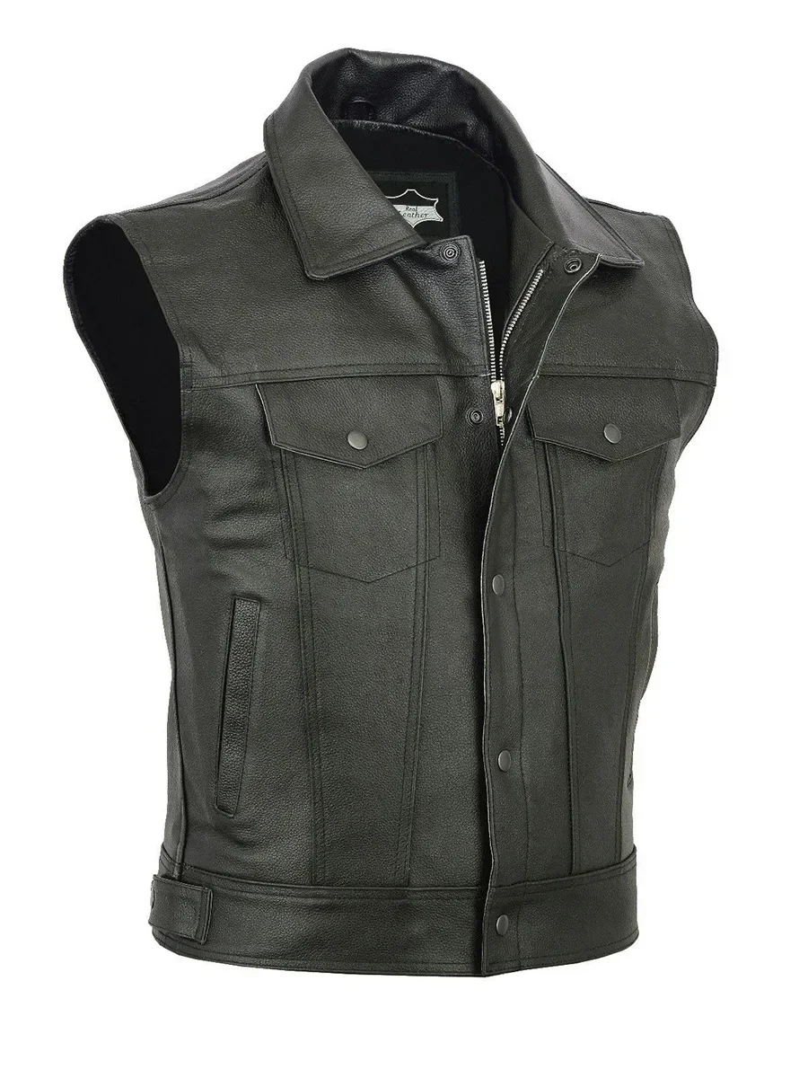 2024 Men's New Pure Color Motorcycle Lapel PU Leather Vest