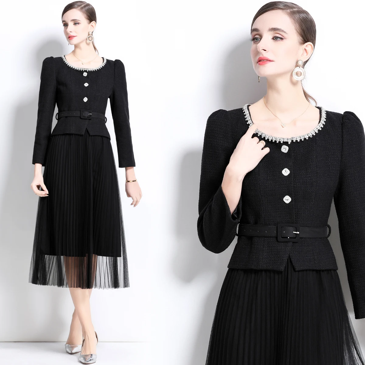 Elegant Black Tweed Dress Women 2 Piece Sets Single Breasted Crystal Jackets + Tulle Pleated Midi Skirt Suit Office Lady Outfits