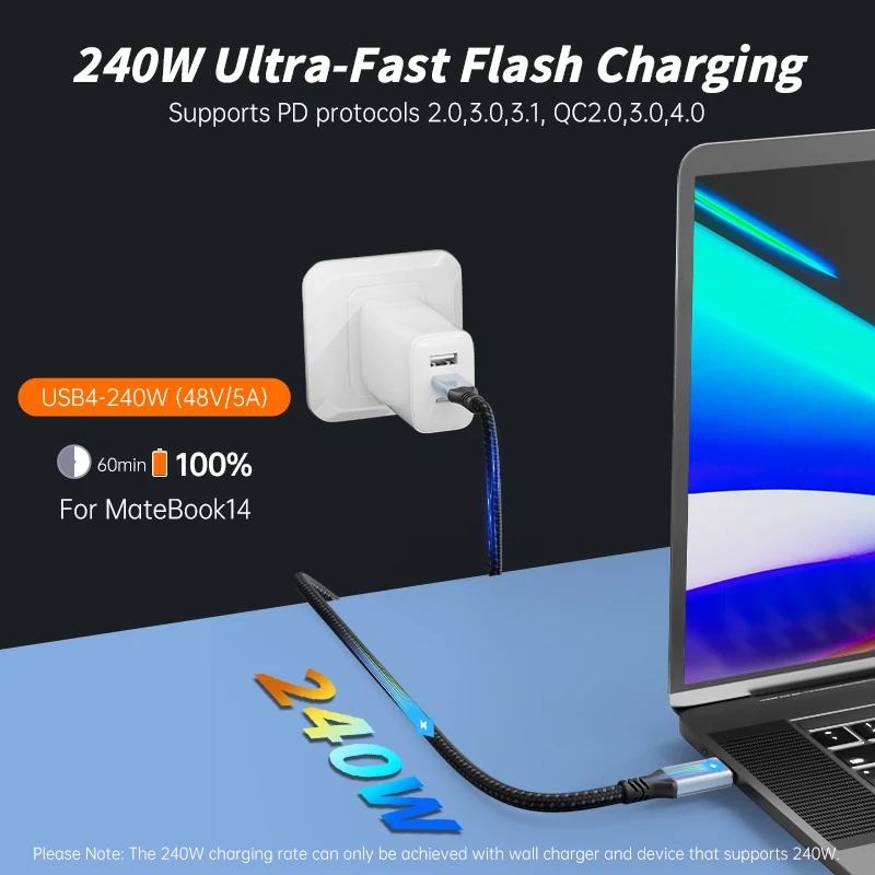 USB4 Cable 80Gbps 240W 8K60Hz Type C Fast Charging Thunder-bolt 3 USB 4.0 C to C Data Transfer Cord For laptop Macbook Phone