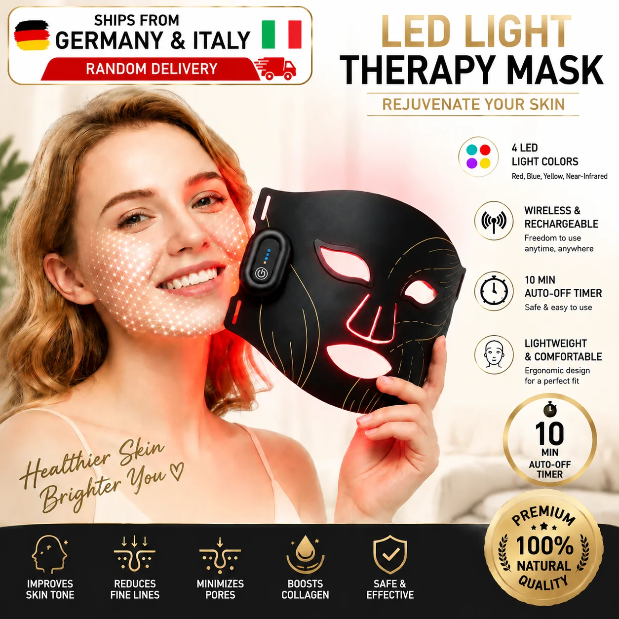 Máscara de Terapia de Luz LED Inalámbrica, 4 Colores, Máscara Facial de Fotones, Rojo, Azul, Amarillo, Infrarrojo Cercano, Dispositivo de Belleza para Rejuvenecimiento de la Piel