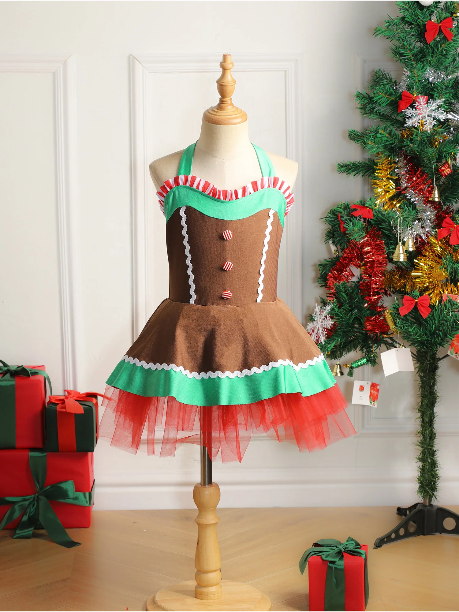 Kids Christmas Girls Gingerbread Man Costume Sleeveless Ballet Open Back Leotard Tutu Dress for Cosplay Dance Dress Up Party