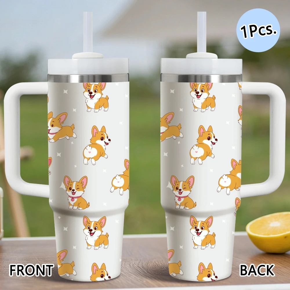 Corgi Art Vacuum Flasks 40oz Stainless Steel Vacuum Insulated Tumbler with Straw Leak Resistant Travel Mug