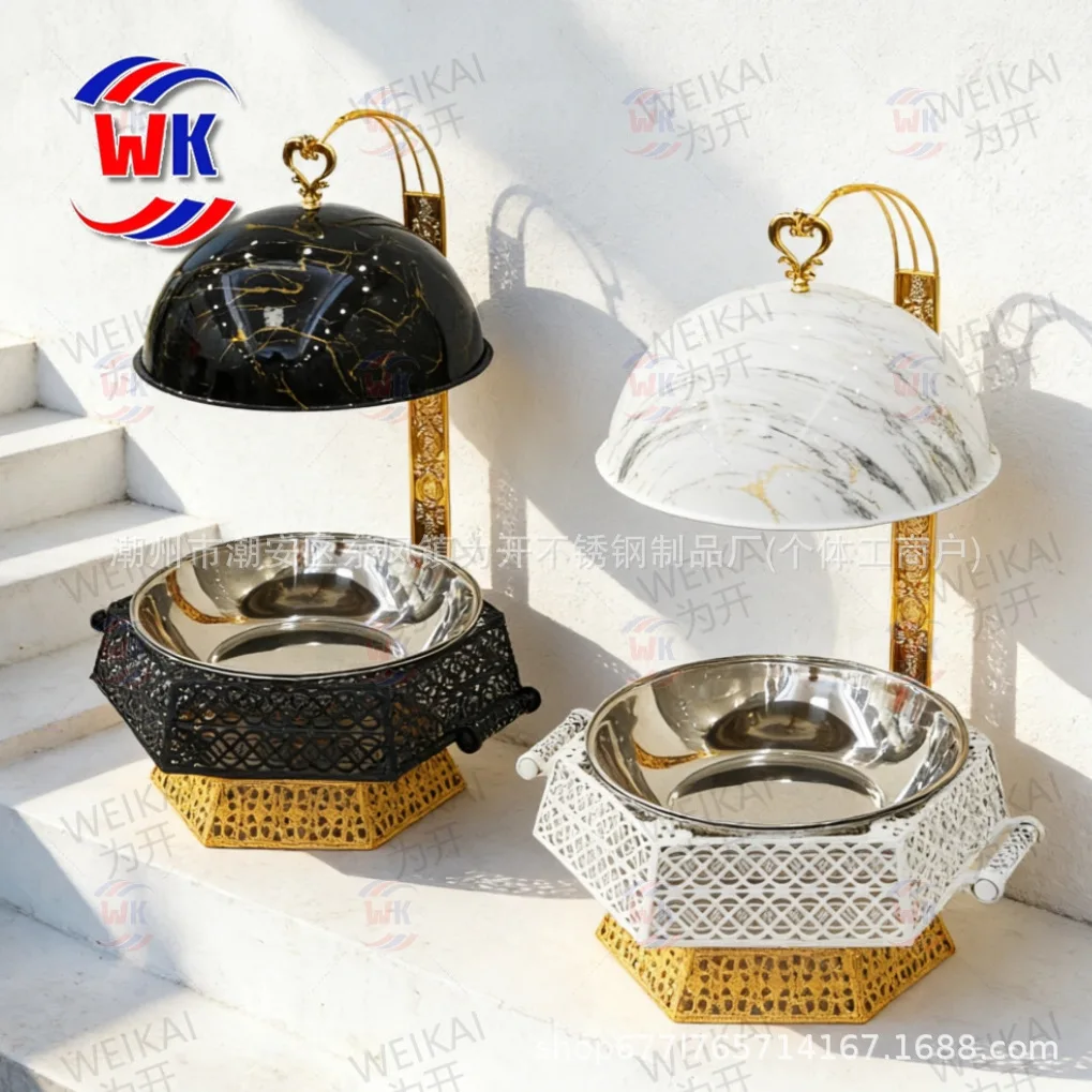 8L Luxury Gold Round Stainless Steel Chafing Dish, Commercial Alcohol Heating Dry Pot Warmer for Buffet