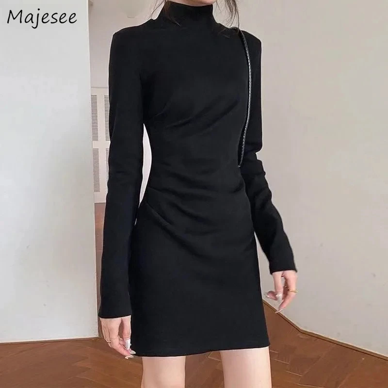 

Платья женские со складками сексуальные клубные однотонные тонкие уличная одежда в корейском стиле женские осенние элегантные модные водолазки винтажные повседневные шикарные платья