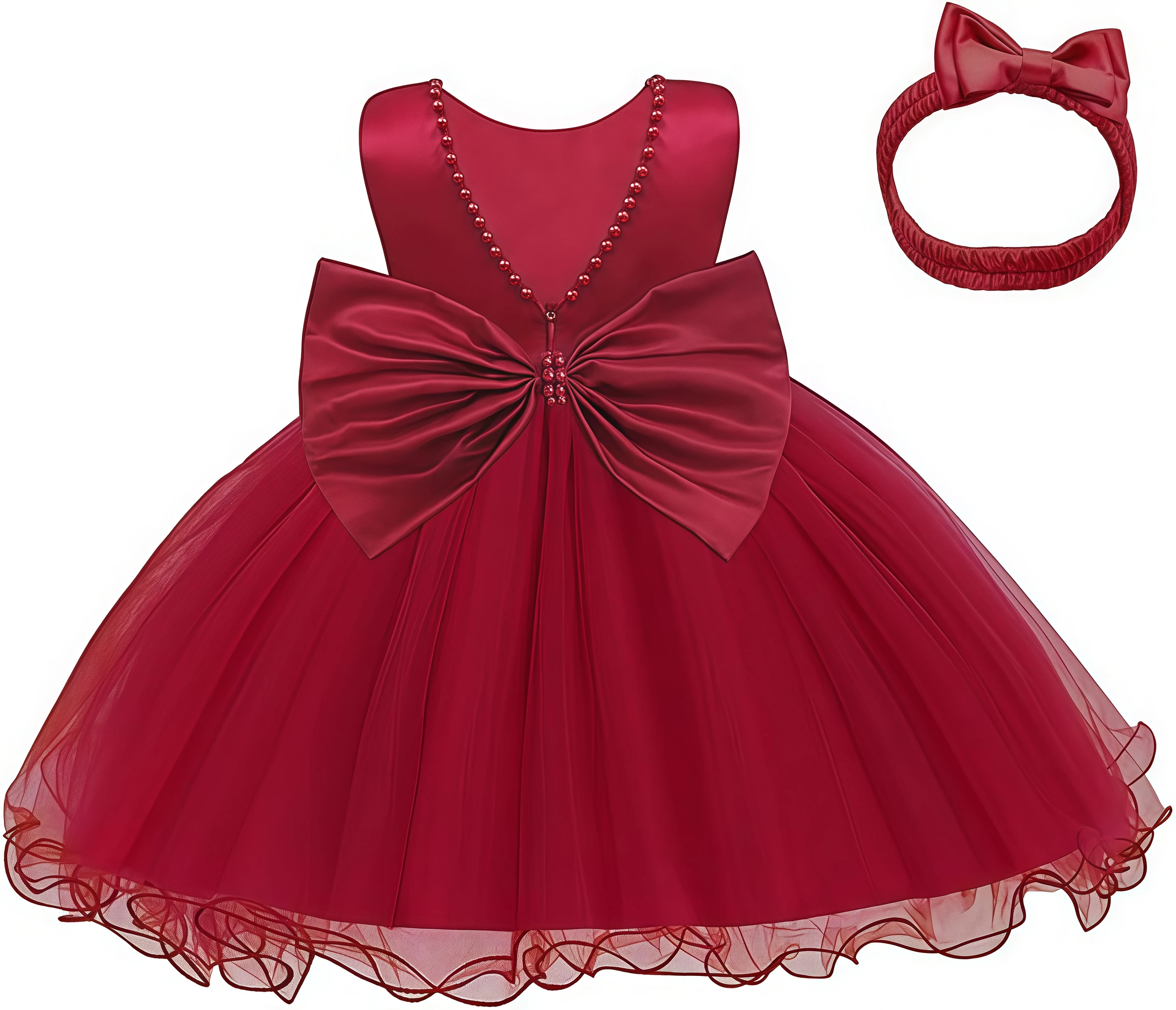 Elegant Baby Flower Girls Dress Infant Beading Bow Evening Red Dress For Toddlers Baptism Birthday Party Christmas New Year Gown