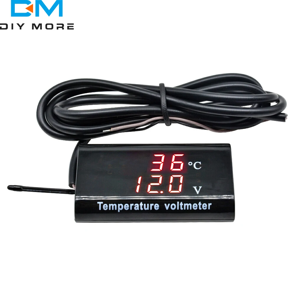 DC 12V 0.28 inch Dual Display LED Digital Temperature Sensor Voltmeter Thermometer Voltage Meter Tester with 100cm Cable
