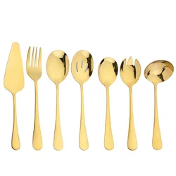 7Pcs Gold Dinnerware Set Stainless Steel Soup Spoon Colander Spoon Service Spoon Salad Fork Cake Spatula Kitchen Home Tableware