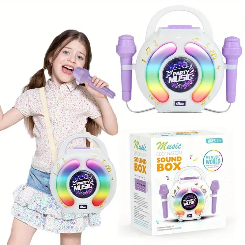 Kids Karaoke Machine - Portable Round Bluetooth Speaker With 2 Microphones, LED Lights, Voice Changer, And Recording Function