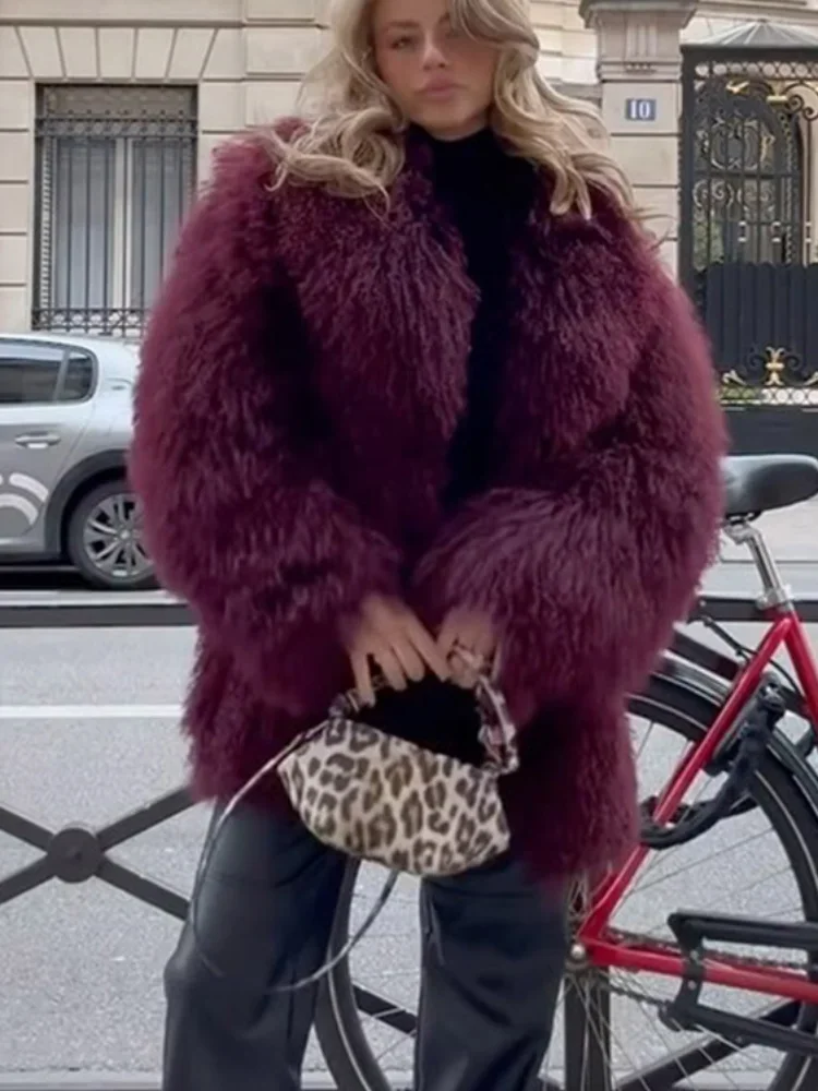 Winter Burgundy Fluffy Fur Coat for Women Long Sleeve V-Neck Warm Plush Short Jacket Street Female Fashion Commute Outerwear