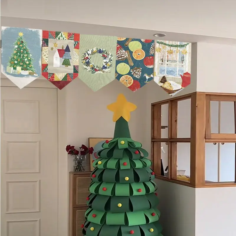 VIKAMA Christmas Triangle Flag Cartoon Santa Gift Xmas Tree Snow Globe Print Pennant Banner For Home Party Window Decor