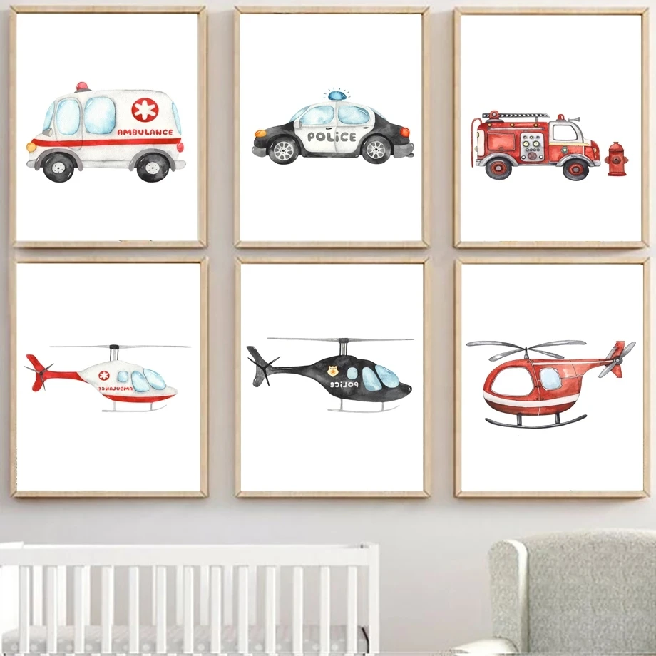 Modern Police Car, Ambulance, Fire Truck, Fire Plane, Cartoon Style, Canvas Poster and Printed Picture for Kids Room Home Decor