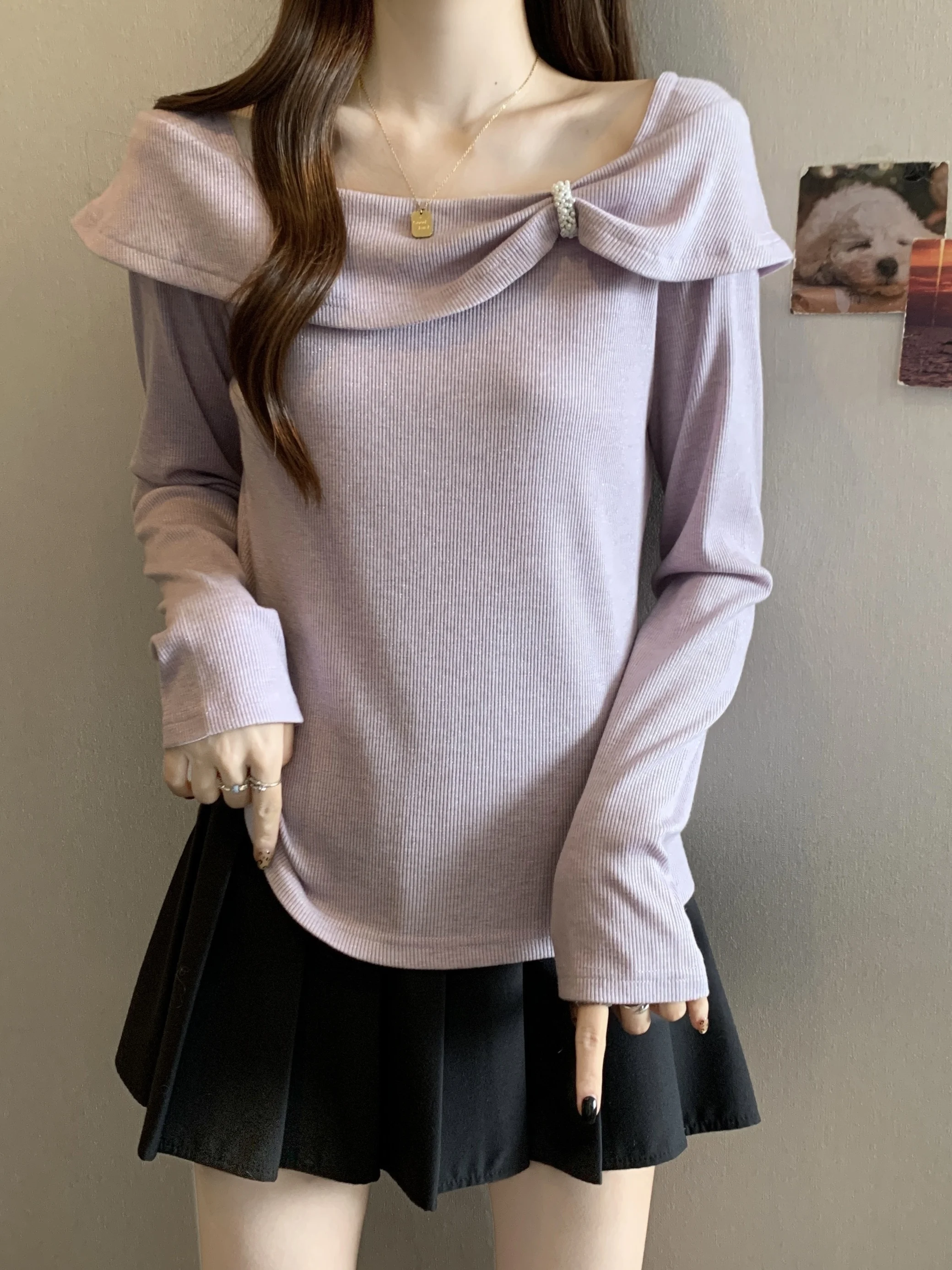 

Purple Gentle Long Sleeve Butterfly Collar Off Shoulder Knitted Shirt 2025 Autumn Women's Bottom Shirt Fashion Asymmetric Top