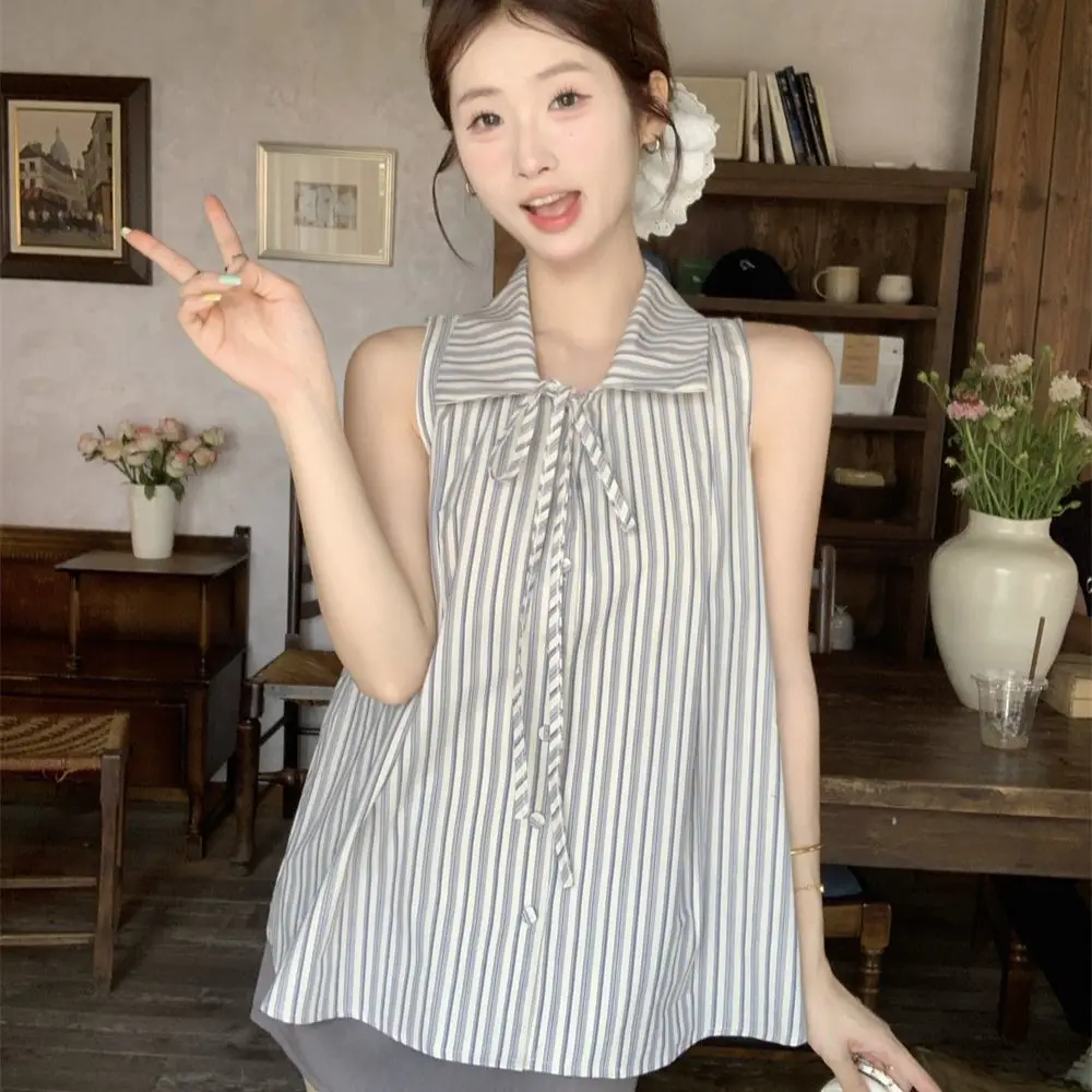 

French stripe bow tie shirt summer new sleeveless top vest women