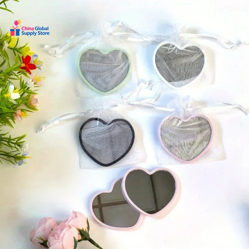 24pcs Heart-Shaped Portable Mirrors with Ribbon Bow Drawstring Packaging Bag Sets for Travel Birthday Party Favors Wedding Gifts