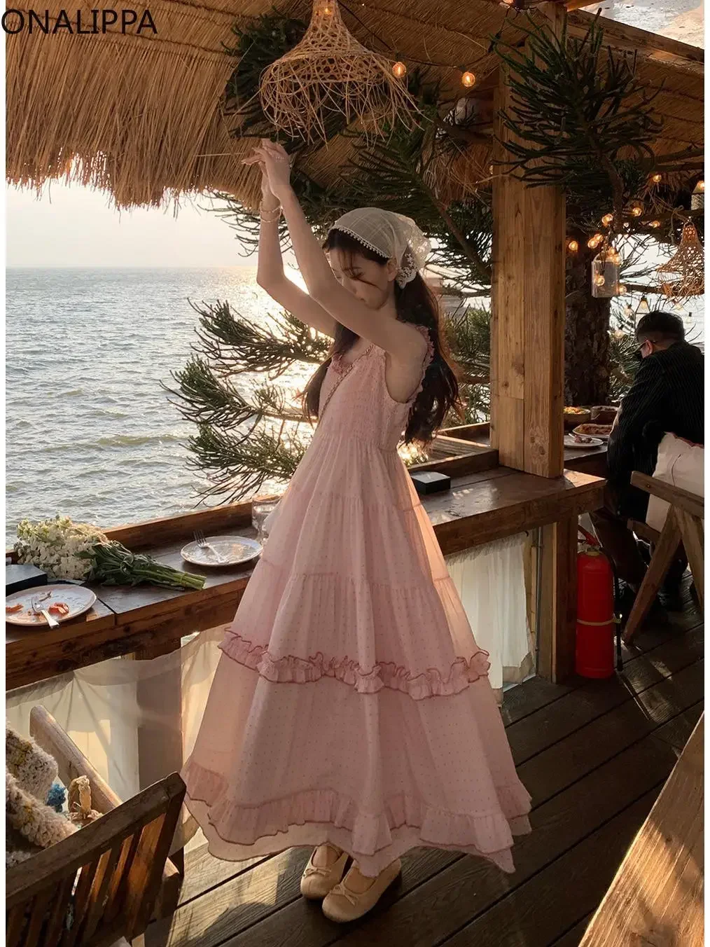 Onalippa Sweet Wood Ear Hem Dot Pink Dress elastico petto vita alta abiti Kawaii coreano A Line All Match Vestidos Women